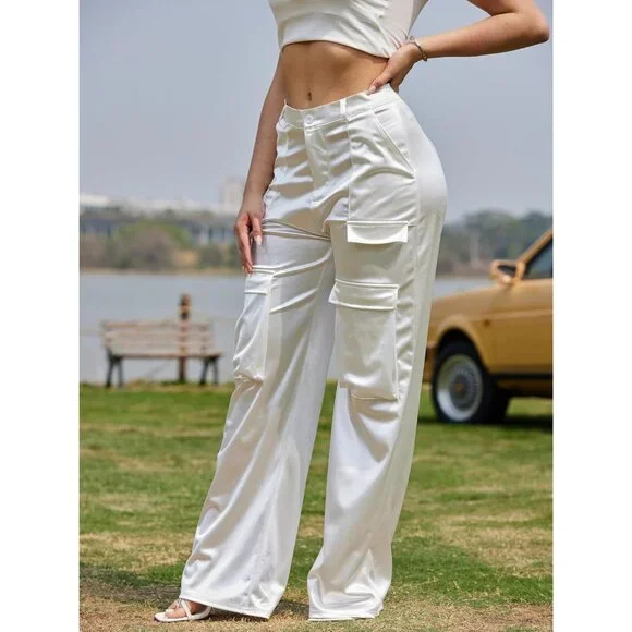 Elegant Wide Leg Satin Cargo Pants for Women - Flattering Loose Fit with Pockets